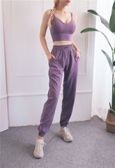 Women's drawstring high-waisted fitness pant set with double halter tank tops