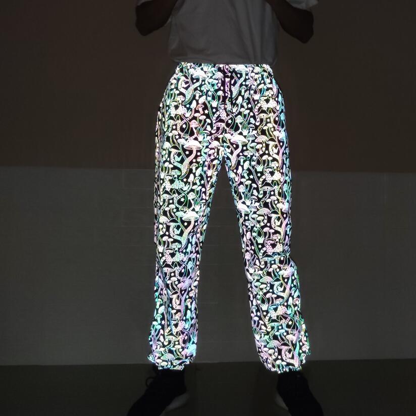 Cartoon mushroom print color reflective pants Men and women's hip hop pants