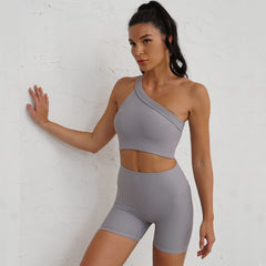 Yoga clothing one-shoulder shape sports bra irregular folds hip-lifting leggings fitness clothing women's suit  7 colors