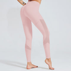 Quick-dry seamless high-waisted striped hollowed-out gym pants sport leggings 3colors