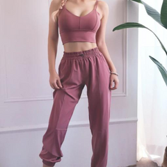 Women's drawstring high-waisted fitness pant set with double halter tank tops