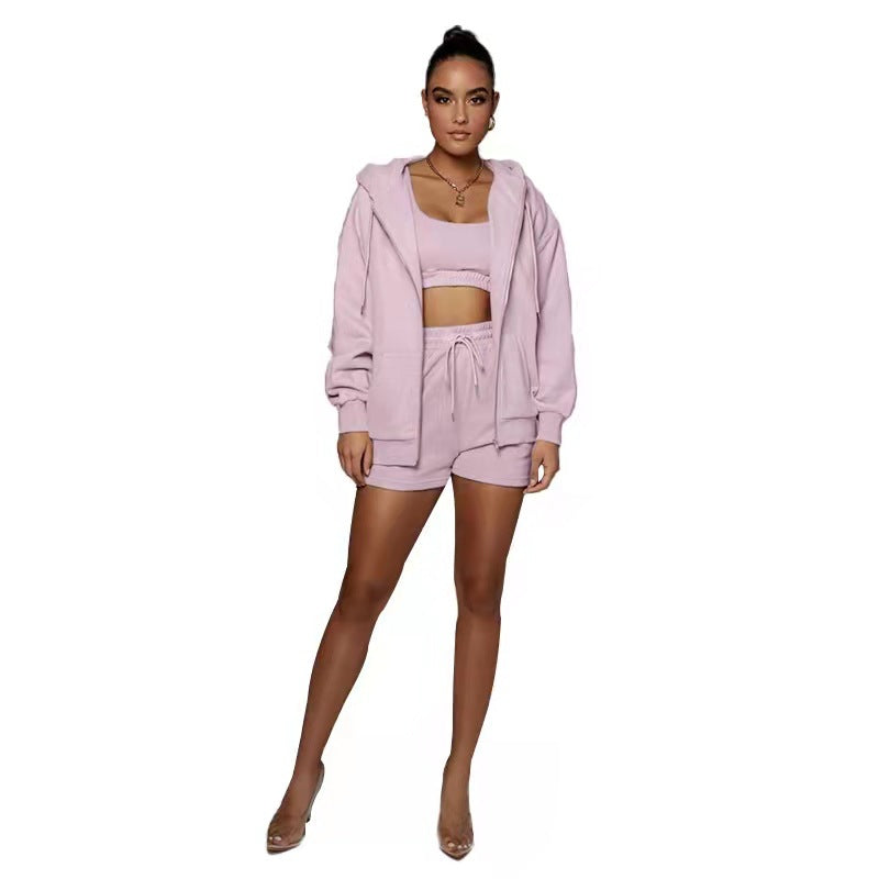 Solid color Cardigan Hooded shorts women's velvety long sleeve hoodie 2 sets of 6 colors