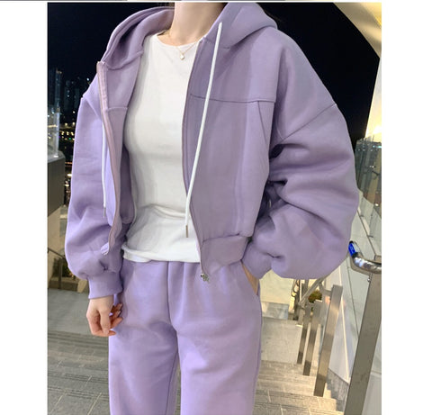 Add fleece fashion short hoodie bunches sport two piece set 3 colors