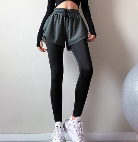 Fake two high-waisted stretch tight-fitting running pants
