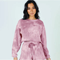 Tie dye round collar pocket shorts Casual women's long sleeve hoodie set 4 colors