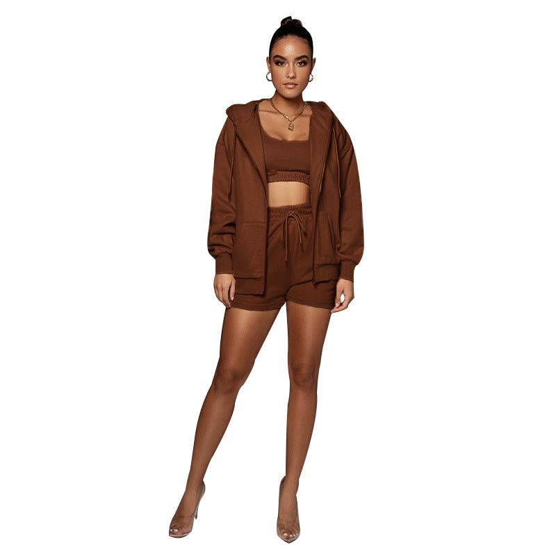 Solid color Cardigan Hooded shorts women's velvety long sleeve hoodie 2 sets of 6 colors