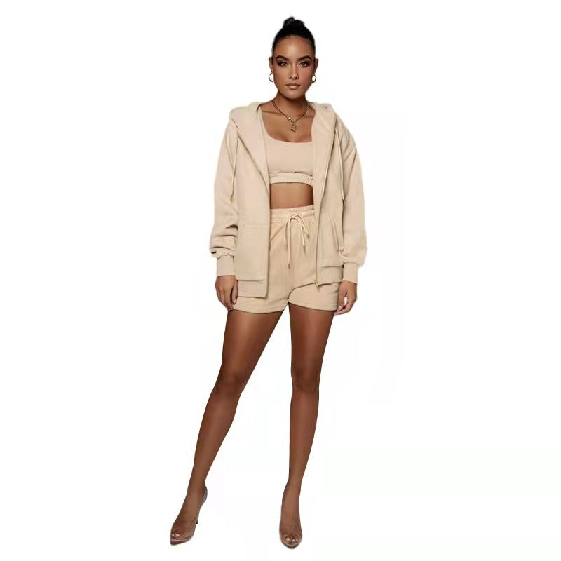 Solid color Cardigan Hooded shorts women's velvety long sleeve hoodie 2 sets of 6 colors