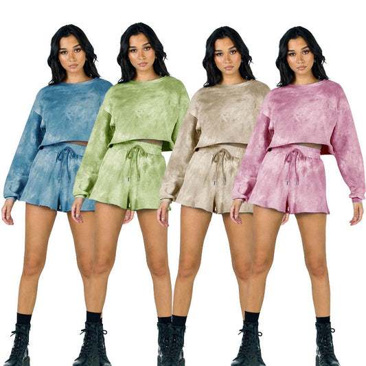 Tie dye round collar pocket shorts Casual women's long sleeve hoodie set 4 colors