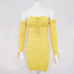 New sexy pleated skirt plain color stitching one word shoulder long sleeve strapless dress  6 colors