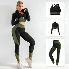 Seamless knitted yoga dress set Hip Lift Stretch three-piece set in 12 colors 4XL