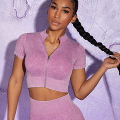 Seamless yoga suit zipper move short sleeve high waist hip lift pant suit 5 colors