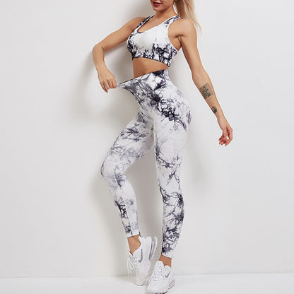 Tie-dye stretch yoga suit running fitness suit new knit fitness trousers woman