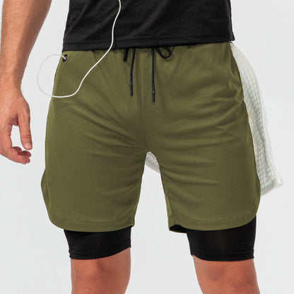 Men's double fake two gym shorts with headphone jack quick drying 10 color D13014