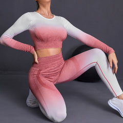 Sexy fitness nylon quick dry long sleeve pants gradient yoga suit set 4colors