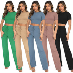 Fashion casual suit women's solid high elastic body shaping short sleeved wide leg pants two sets 5 colors