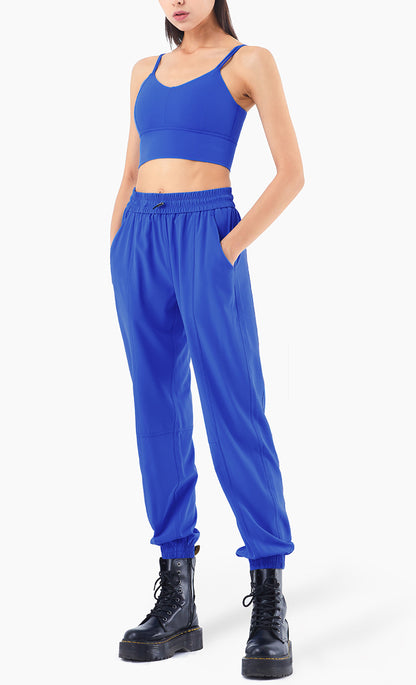 Women's drawstring high-waisted fitness pant set with double halter tank tops
