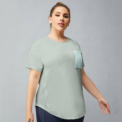 Solid color plus size pocket stitching yoga short sleeve sweat wicking yoga suit 3 colors