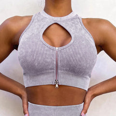 Seamless Thread yoga suit women's zipper sandwashing  sports bra+pants 5 colors