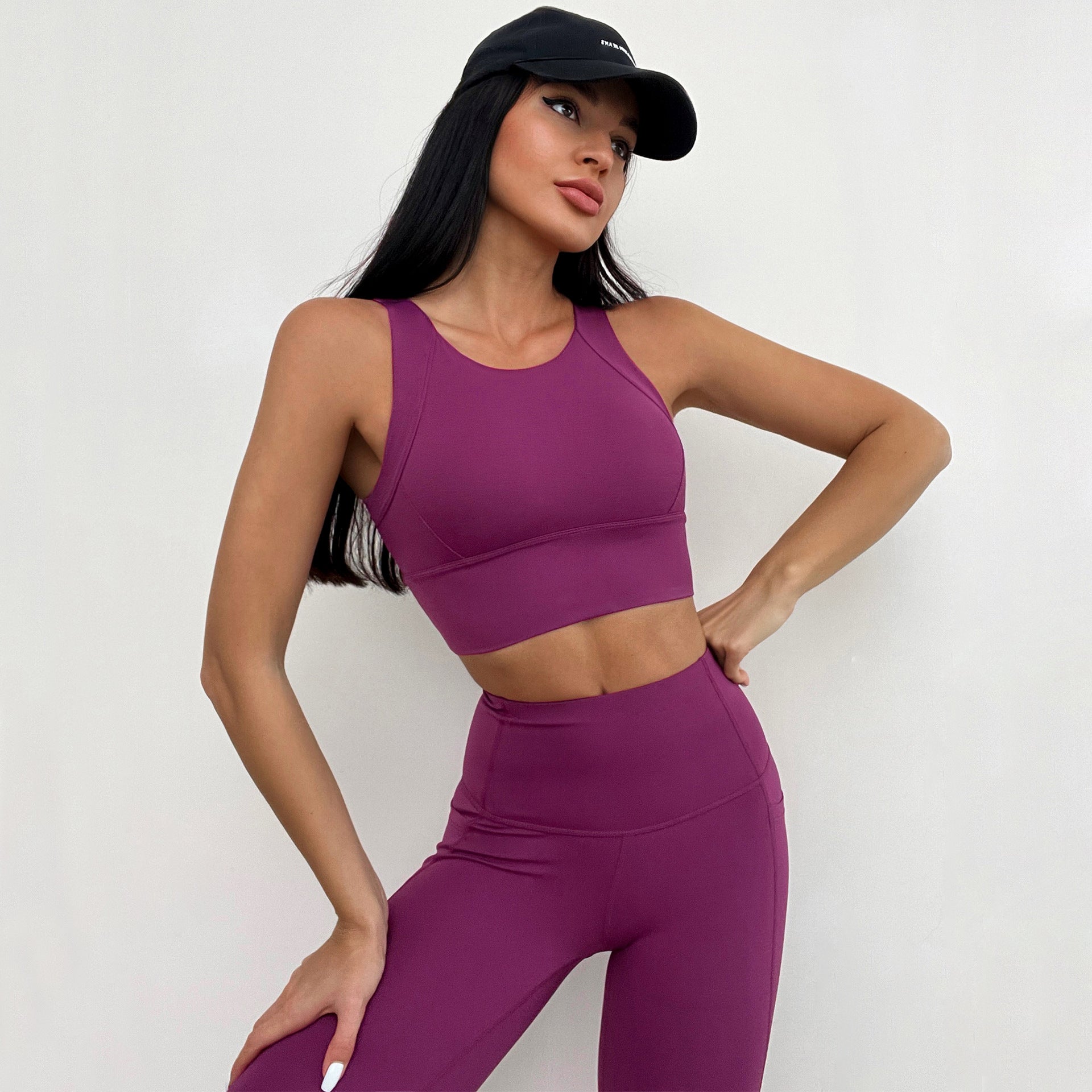 Nude fabric sports vest High-waisted pants double pocket yoga suit set 9 colors