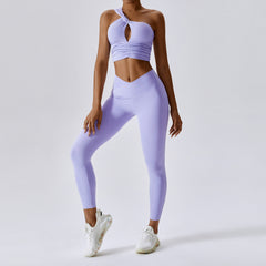 Slimming oblique one shoulder sports nude feeling yoga clothes  4 colors