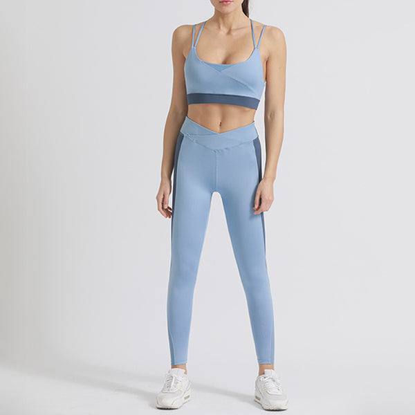 Patchwork color yoga wear suit personality cross back slim bra lift hip nine point pants sports suit