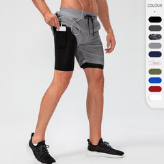 Men's double fake two gym shorts with headphone jack quick drying 10 color D13014