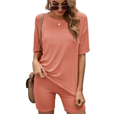 Casual round neck top tight shorts sport suit Home women 6 colors