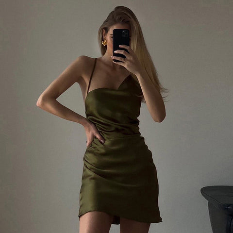 YJ21400 asymmetrical satin hood back strap dress summer new sling  2 colors