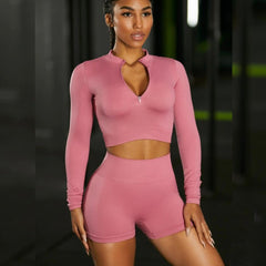 Seamless knit Yoga suit zipper long sleeve Quick Dry Exercise gym Shorts set 7 colors