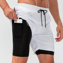 Men's double fake two gym shorts with headphone jack quick drying 10 color D13014