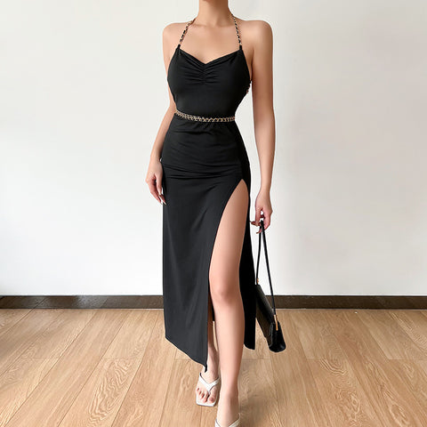 YL21038 sexy slit halter dress female new temperament commuting solid color skirt