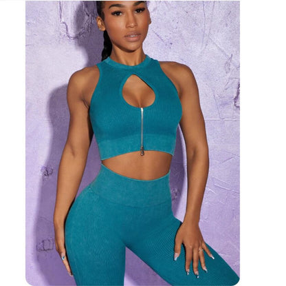 Seamless Thread yoga suit women's zipper sandwashing  sports bra+pants 5 colors